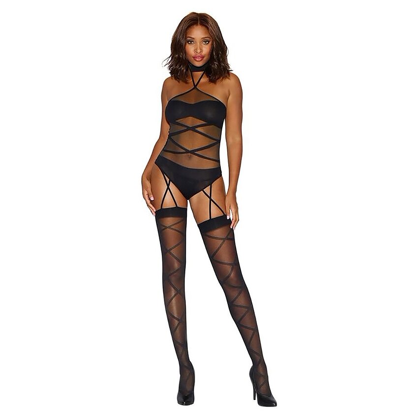 Bodystocking Dreamgirl Criss-Cross Negru