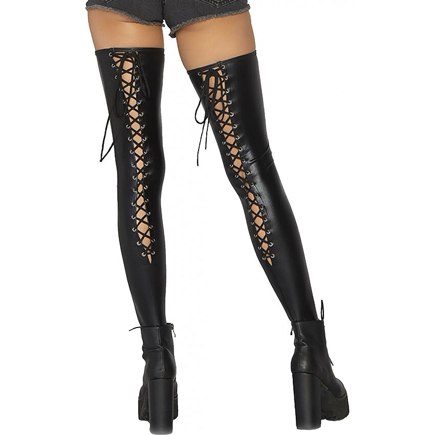 Dresuri Leg Avenue Wetlook Lace Up Thigh Highs Negru